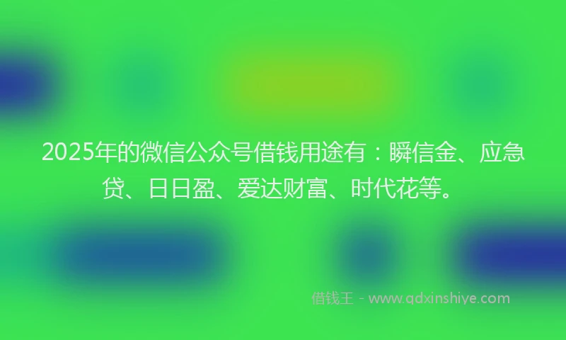 2025年的微信公众号借钱用途有：瞬信金、应急贷、日日盈、爱达财富、时代花等。