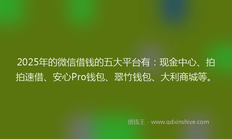 2025年的微信借钱的五大平台有：现金中心、拍拍速借、安心Pro钱包、翠竹钱包、大利商城等。