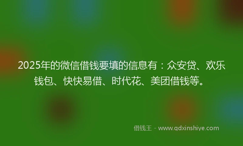 2025年的微信借钱要填的信息有：众安贷、欢乐钱包、快快易借、时代花、美团借钱等。