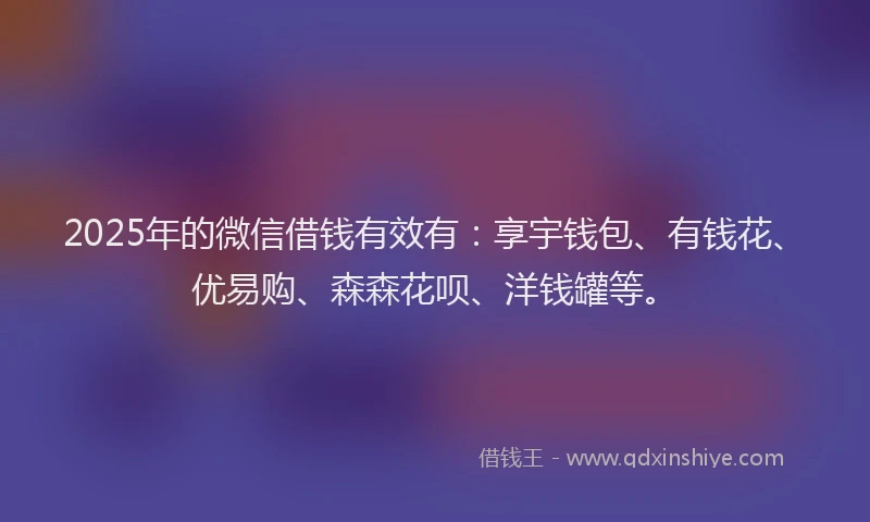2025年的微信借钱有效有：享宇钱包、有钱花、优易购、森森花呗、洋钱罐等。