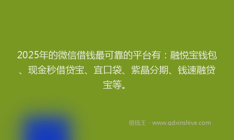 2025年的微信借钱最可靠的平台有：融悦宝钱包、现金秒借贷宝、宜口袋、紫晶分期、钱速融贷宝等。