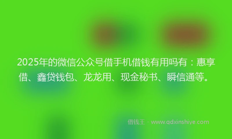2025年的微信公众号借手机借钱有用吗有：惠享借、鑫贷钱包、龙龙用、现金秘书、瞬信通等。