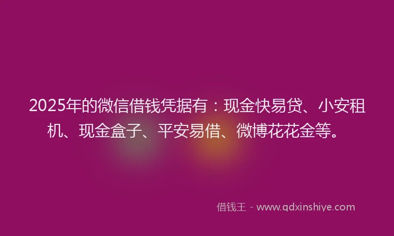 2025年的微信借钱凭据有：现金快易贷、小安租机、现金盒子、平安易借、微博花花金等。