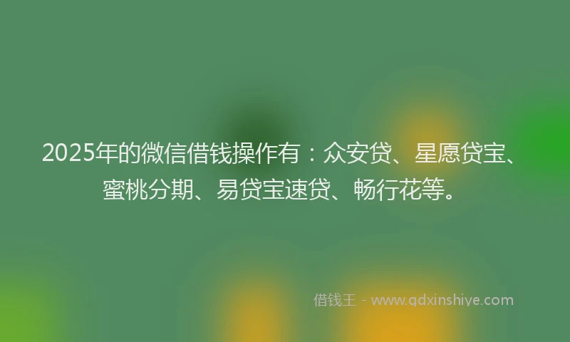 2025年的微信借钱操作有：众安贷、星愿贷宝、蜜桃分期、易贷宝速贷、畅行花等。