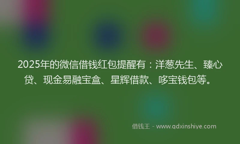 2025年的微信借钱红包提醒有：洋葱先生、臻心贷、现金易融宝盒、星辉借款、哆宝钱包等。