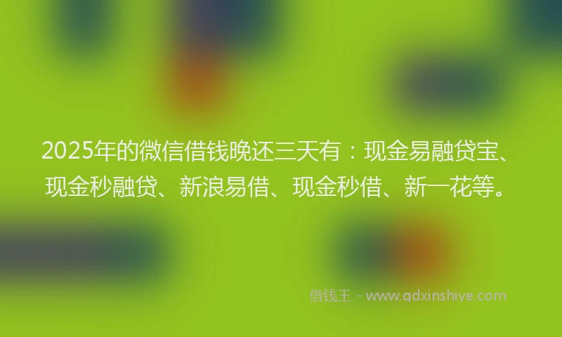 2025年的微信借钱晚还三天有：现金易融贷宝、现金秒融贷、新浪易借、现金秒借、新一花等。