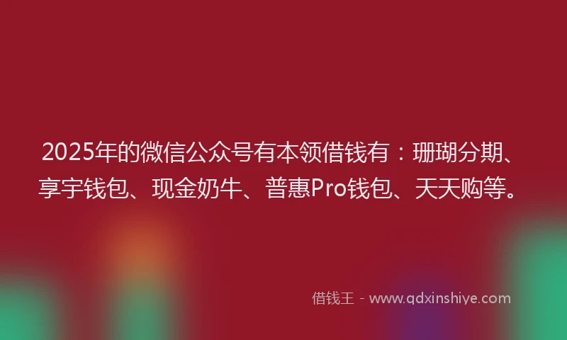 2025年的微信公众号有本领借钱有：珊瑚分期、享宇钱包、现金奶牛、普惠Pro钱包、天天购等。