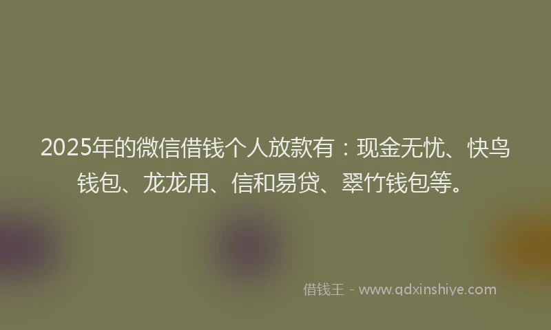 2025年的微信借钱个人放款有：现金无忧、快鸟钱包、龙龙用、信和易贷、翠竹钱包等。