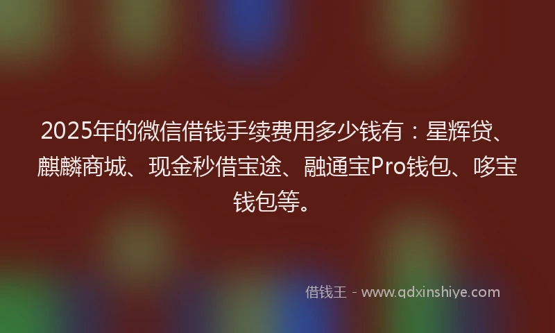 2025年的微信借钱手续费用多少钱有：星辉贷、麒麟商城、现金秒借宝途、融通宝Pro钱包、哆宝钱包等。