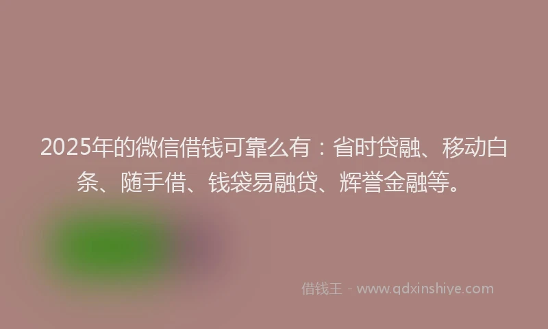 2025年的微信借钱可靠么有：省时贷融、移动白条、随手借、钱袋易融贷、辉誉金融等。