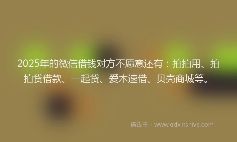 2025年的微信借钱对方不愿意还有：拍拍用、拍拍贷借款、一起贷、爱木速借、贝壳商城等。
