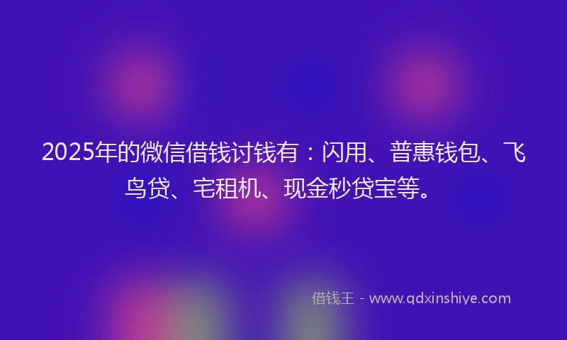 2025年的微信借钱讨钱有：闪用、普惠钱包、飞鸟贷、宅租机、现金秒贷宝等。