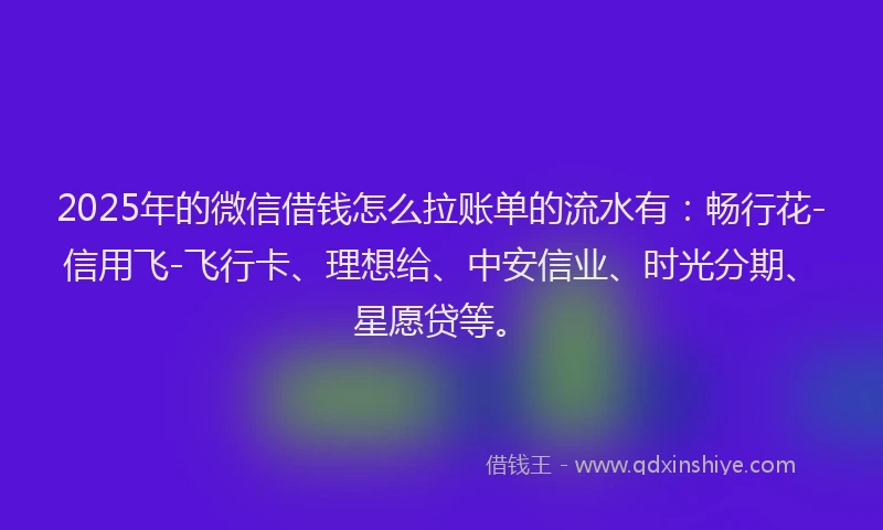 2025年的微信借钱怎么拉账单的流水有：畅行花-信用飞-飞行卡、理想给、中安信业、时光分期、星愿贷等。