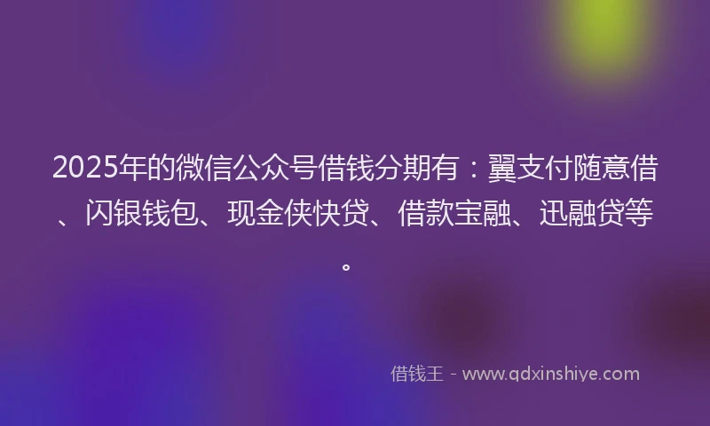 2025年的微信公众号借钱分期有：翼支付随意借、闪银钱包、现金侠快贷、借款宝融、迅融贷等。
