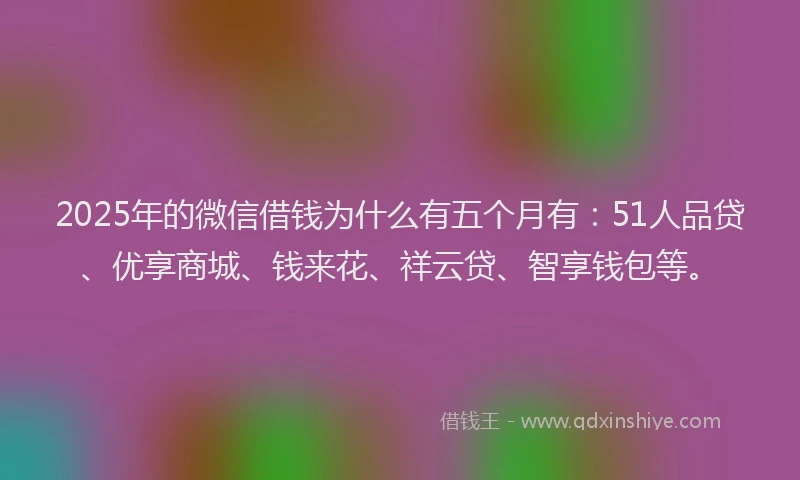 2025年的微信借钱为什么有五个月有：51人品贷、优享商城、钱来花、祥云贷、智享钱包等。