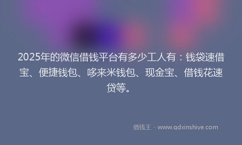 2025年的微信借钱平台有多少工人有：钱袋速借宝、便捷钱包、哆来米钱包、现金宝、借钱花速贷等。