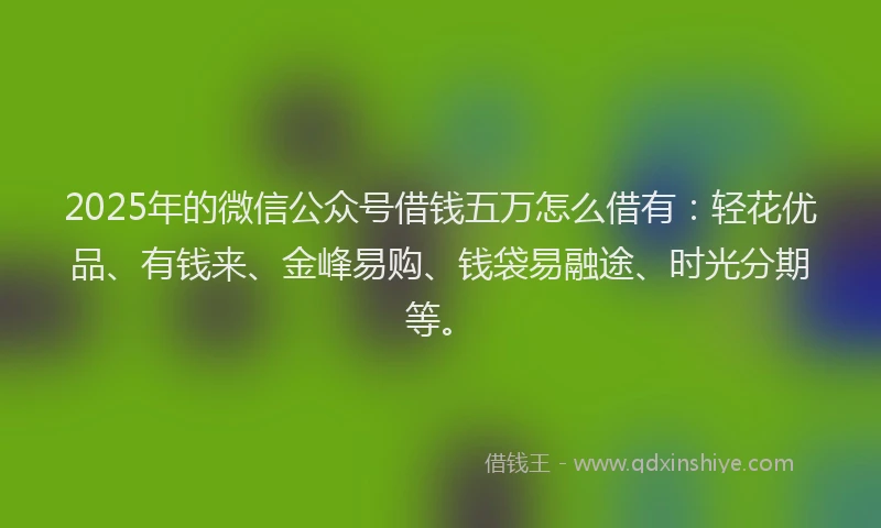2025年的微信公众号借钱五万怎么借有：轻花优品、有钱来、金峰易购、钱袋易融途、时光分期等。