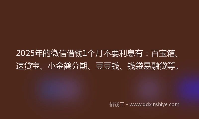 2025年的微信借钱1个月不要利息有：百宝箱、速贷宝、小金鹤分期、豆豆钱、钱袋易融贷等。