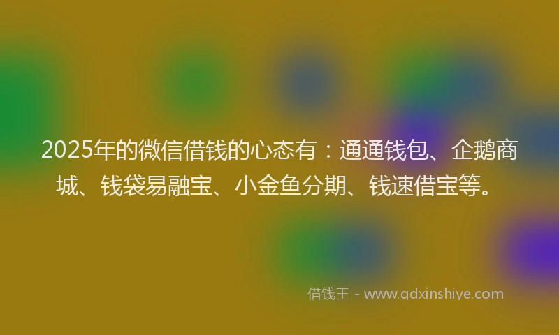 2025年的微信借钱的心态有：通通钱包、企鹅商城、钱袋易融宝、小金鱼分期、钱速借宝等。