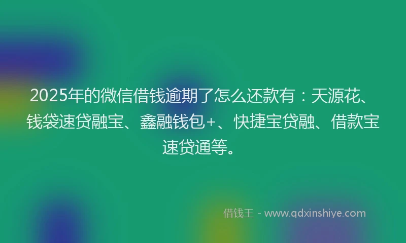 2025年的微信借钱逾期了怎么还款有：天源花、钱袋速贷融宝、鑫融钱包+、快捷宝贷融、借款宝速贷通等。
