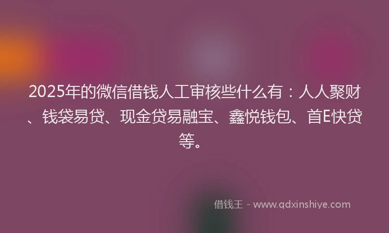 2025年的微信借钱人工审核些什么有：人人聚财、钱袋易贷、现金贷易融宝、鑫悦钱包、首E快贷等。