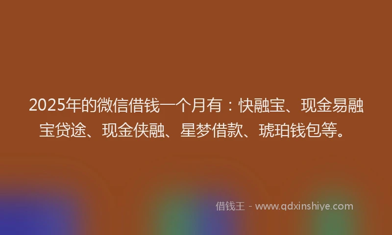 2025年的微信借钱一个月有：快融宝、现金易融宝贷途、现金侠融、星梦借款、琥珀钱包等。