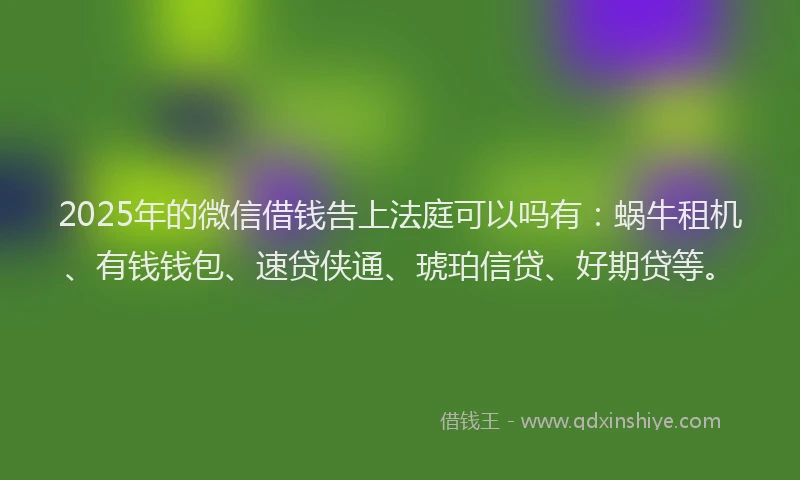 2025年的微信借钱告上法庭可以吗有：蜗牛租机、有钱钱包、速贷侠通、琥珀信贷、好期贷等。