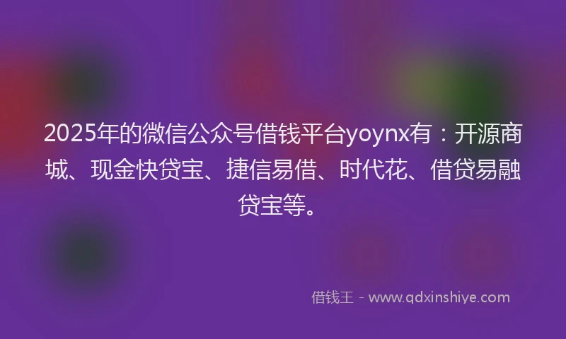 2025年的微信公众号借钱平台yoynx有：开源商城、现金快贷宝、捷信易借、时代花、借贷易融贷宝等。