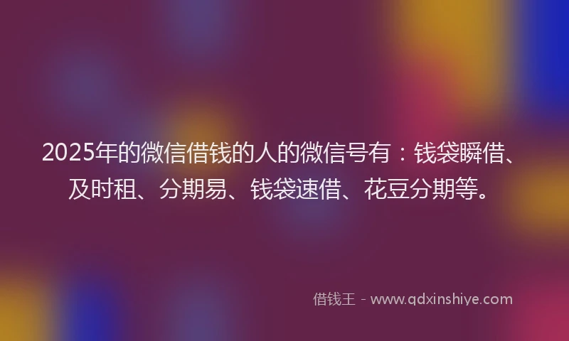 2025年的微信借钱的人的微信号有：钱袋瞬借、及时租、分期易、钱袋速借、花豆分期等。