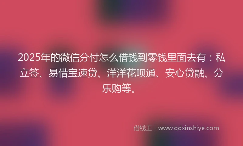 2025年的微信分付怎么借钱到零钱里面去有：私立签、易借宝速贷、洋洋花呗通、安心贷融、分乐购等。