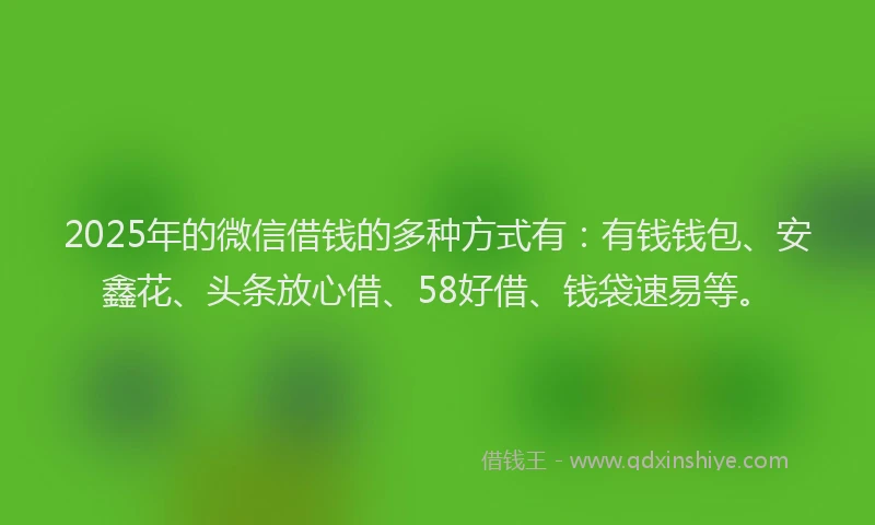 2025年的微信借钱的多种方式有：有钱钱包、安鑫花、头条放心借、58好借、钱袋速易等。