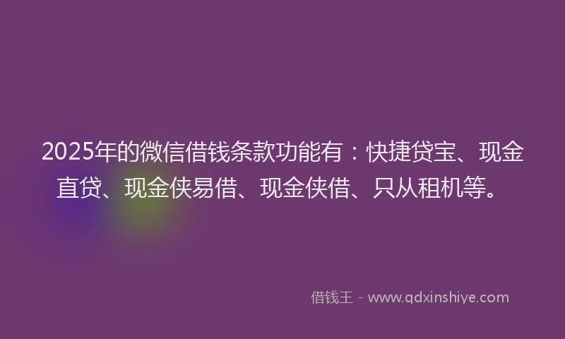 2025年的微信借钱条款功能有：快捷贷宝、现金直贷、现金侠易借、现金侠借、只从租机等。