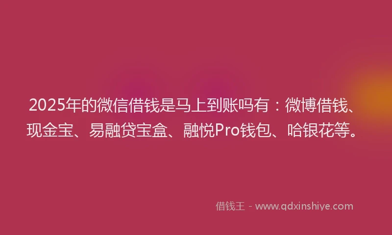 2025年的微信借钱是马上到账吗有：微博借钱、现金宝、易融贷宝盒、融悦Pro钱包、哈银花等。