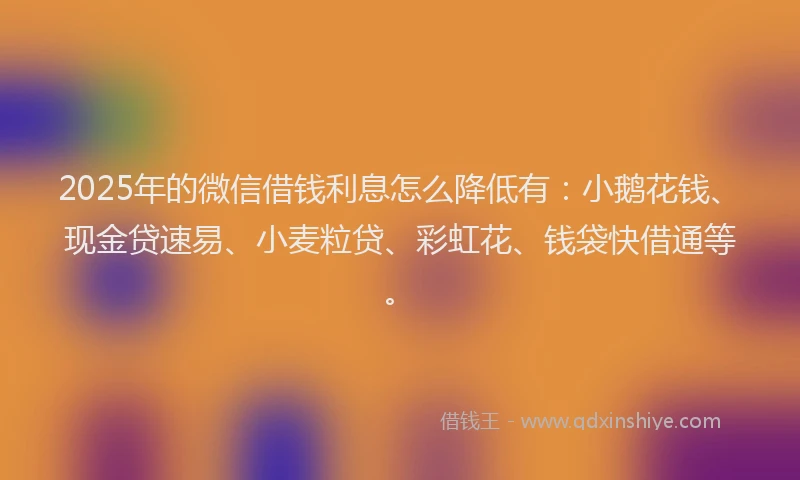2025年的微信借钱利息怎么降低有：小鹅花钱、现金贷速易、小麦粒贷、彩虹花、钱袋快借通等。