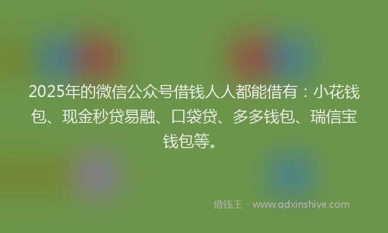 2025年的微信公众号借钱人人都能借有：小花钱包、现金秒贷易融、口袋贷、多多钱包、瑞信宝钱包等。