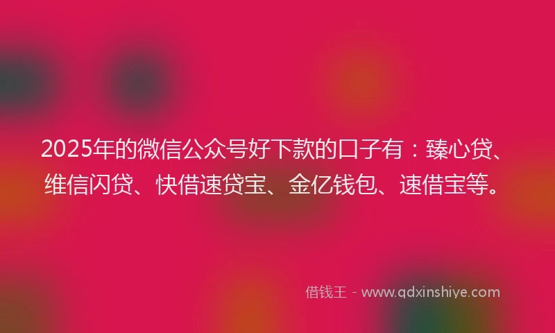 2025年的微信公众号好下款的口子有：臻心贷、维信闪贷、快借速贷宝、金亿钱包、速借宝等。