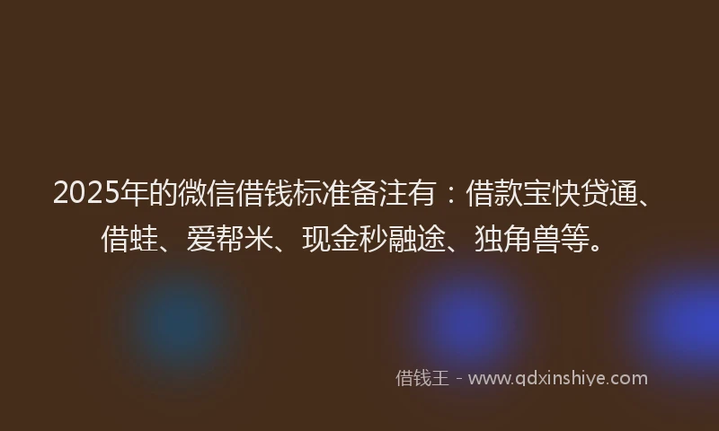2025年的微信借钱标准备注有：借款宝快贷通、借蛙、爱帮米、现金秒融途、独角兽等。