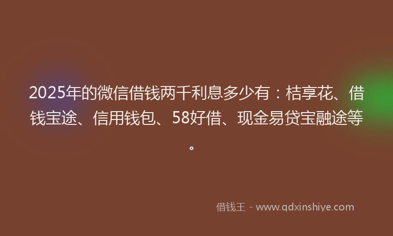 2025年的微信借钱两千利息多少有：桔享花、借钱宝途、信用钱包、58好借、现金易贷宝融途等。