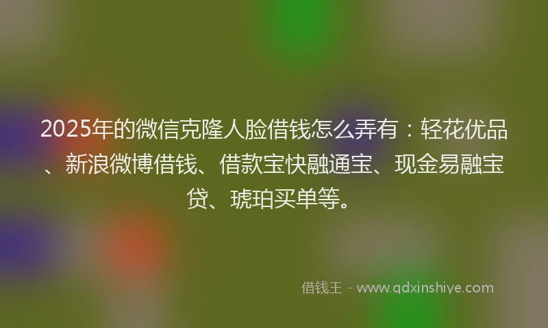 2025年的微信克隆人脸借钱怎么弄有：轻花优品、新浪微博借钱、借款宝快融通宝、现金易融宝贷、琥珀买单等。