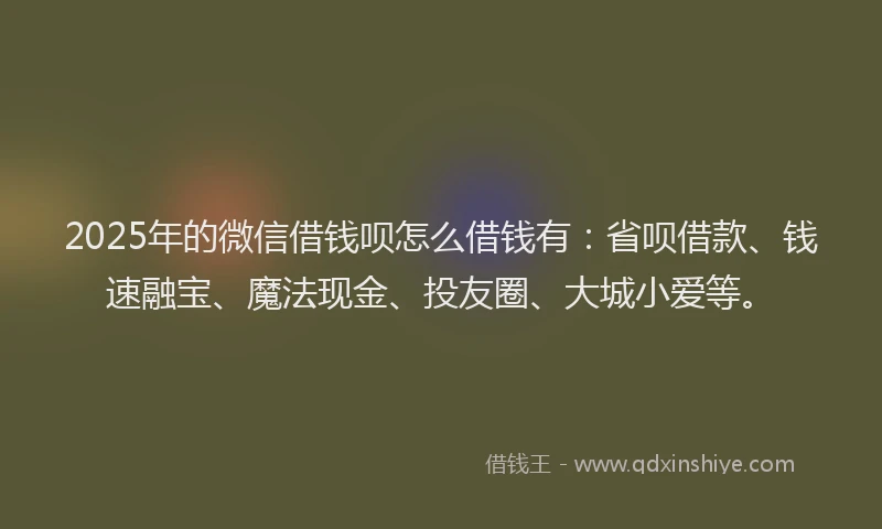 2025年的微信借钱呗怎么借钱有：省呗借款、钱速融宝、魔法现金、投友圈、大城小爱等。