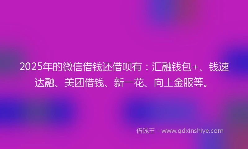 2025年的微信借钱还借呗有：汇融钱包+、钱速达融、美团借钱、新一花、向上金服等。
