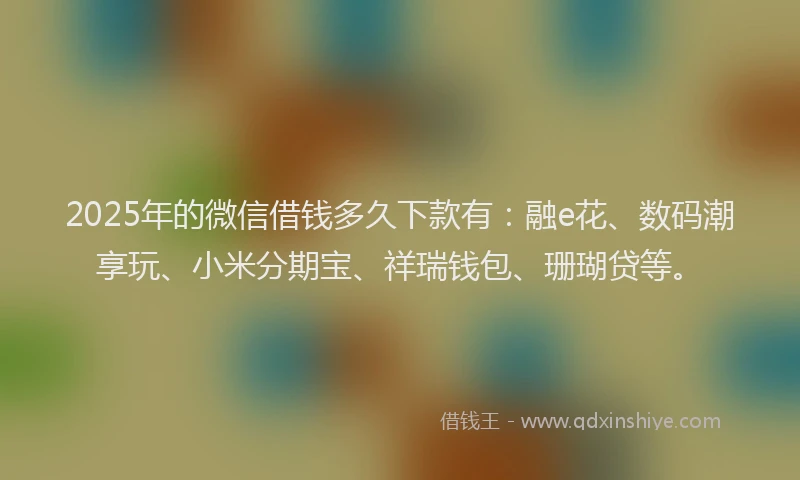 2025年的微信借钱多久下款有：融e花、数码潮享玩、小米分期宝、祥瑞钱包、珊瑚贷等。