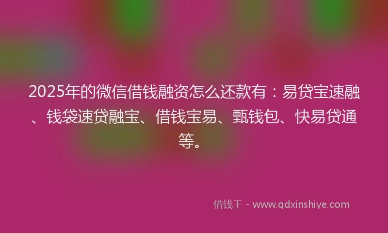 2025年的微信借钱融资怎么还款有：易贷宝速融、钱袋速贷融宝、借钱宝易、甄钱包、快易贷通等。