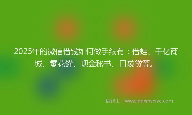 2025年的微信借钱如何做手续有：借蛙、千亿商城、零花罐、现金秘书、口袋贷等。