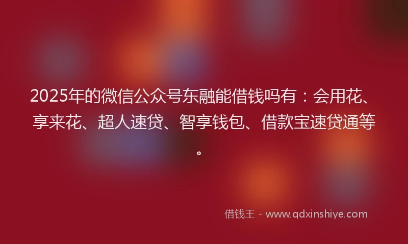 2025年的微信公众号东融能借钱吗有：会用花、享来花、超人速贷、智享钱包、借款宝速贷通等。