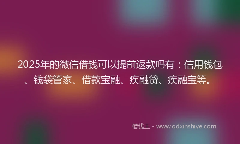 2025年的微信借钱可以提前返款吗有：信用钱包、钱袋管家、借款宝融、疾融贷、疾融宝等。