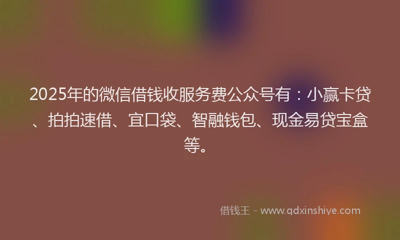 2025年的微信借钱收服务费公众号有：小赢卡贷、拍拍速借、宜口袋、智融钱包、现金易贷宝盒等。