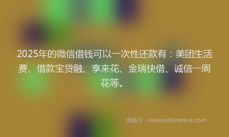 2025年的微信借钱可以一次性还款有：美团生活费、借款宝贷融、享来花、金瑞快借、诚信一周花等。