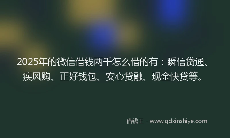 2025年的微信借钱两千怎么借的有：瞬信贷通、疾风购、正好钱包、安心贷融、现金快贷等。
