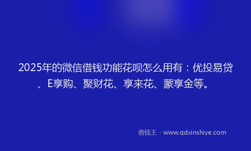 2025年的微信借钱功能花呗怎么用有：优投易贷、E享购、聚财花、享来花、蒙享金等。